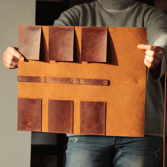 Skórzane etui na szkicownik i pędzle w rozmiarze M – wymiary zamknięte 10x30 cm (3,94″x11,81″)
